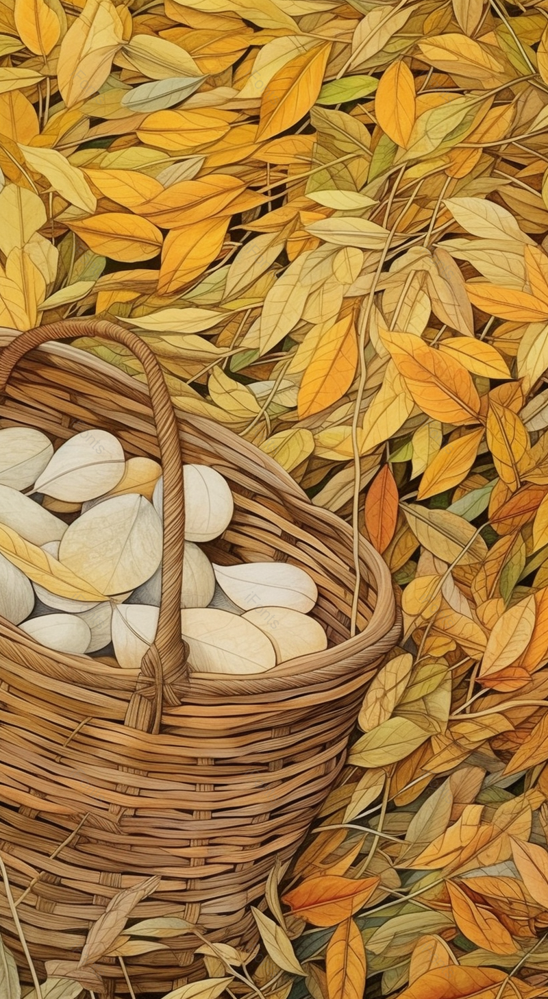 秋季丰收收货季节枯叶堆上的竹篓竹筐里堆满了树叶杂草手绘插画,插画/手绘图,插画/手绘图库,插画/手绘图下载,插画/手绘